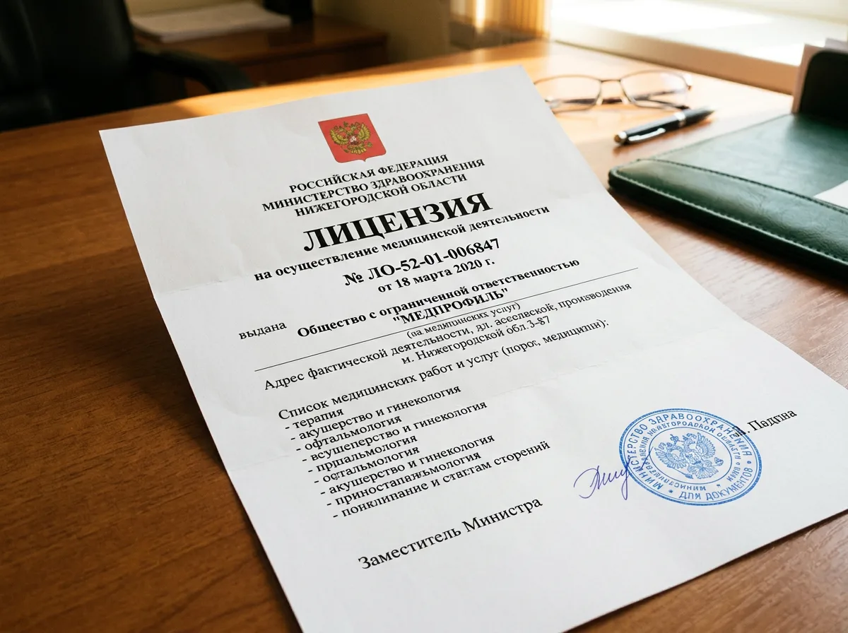 Лицензия на медицинскую деятельность № ЛО-52-01-006847 от 18.03.2020, выданная Министерством здравоохранения Нижегородской области, документ формата А4 с гербом и подписью