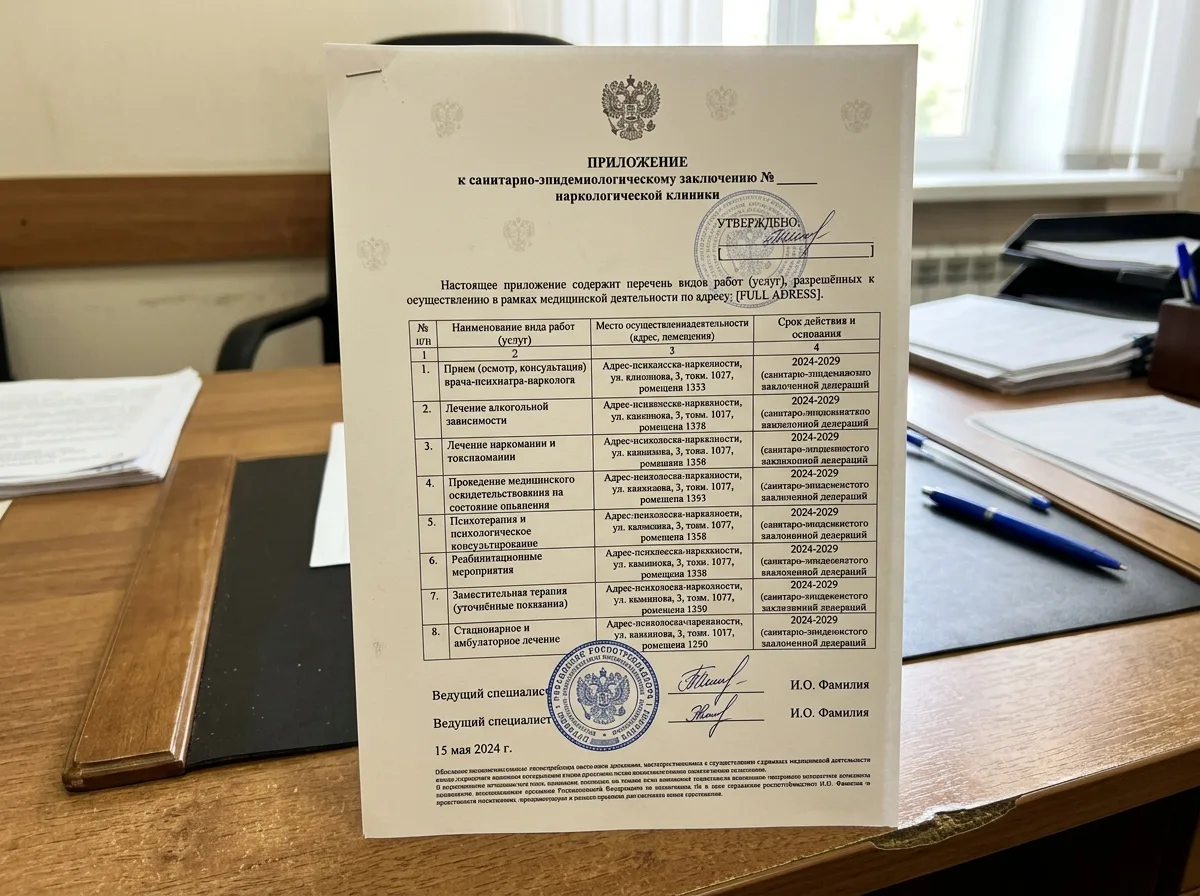 Приложение к санитарно-эпидемиологическому заключению наркологической клиники, официальный государственный документ с таблицей видов разрешённых работ