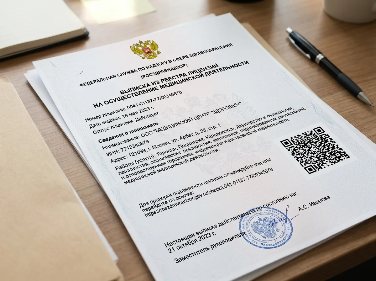 Выписка из реестра лицензий Росздравнадзора на медицинскую деятельность, официальный документ с QR-кодом для проверки, государственный герб